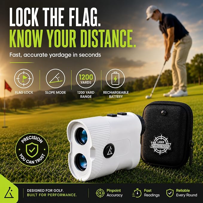Lunai Golf Rangefinder with Slope, 1200-Yard Distance Finder | 7X magnification, flag lock vibration, magnetic strip, splash-proof body, USB-C charging, ±1M accuracy