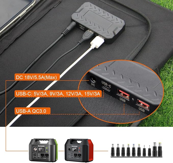EnginStar 100W Foldable Solar Panel w/ 18V DC Outlet for Portable Power Stations EnginStar/Jackery/Rockpals/Flashfish, Portable Solar Generator with USB-A USB-C QC 3.0 for Outdoor Camping Van RV Trip