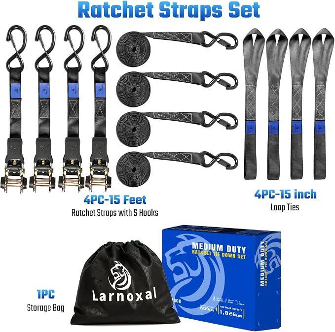 Ratchet Straps 4 Pack - 1,826 Lbs Break Strength 1 in x 15 Ft Medium Duty Ratchet Tie Down Straps with S Hooks Set for Truck, Cargo Van, Trailer, Motorcycle (Black)