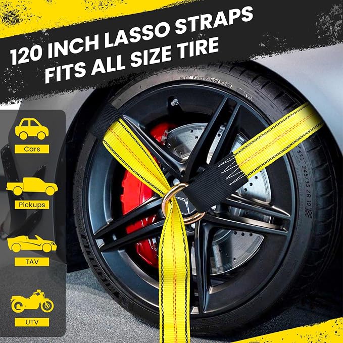 Tire Straps for A Car Trailer, Wheel Tie Down Strap 2" x 10' with Snap Hooks, Car Hauler Wheel Strap for 3300 Pound Safe Working Load (2 Straps)