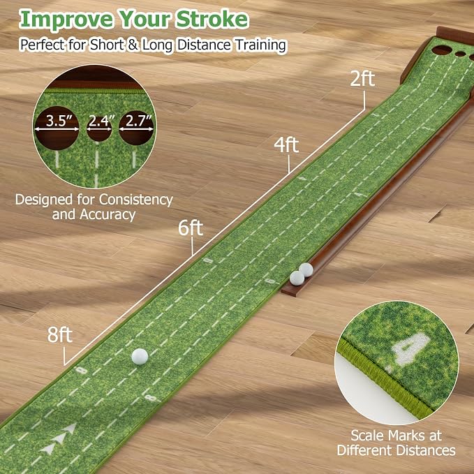 GYMAX Putting Mat, Golf Putting Green Indoor with 2/3 Hole, Golf Practice Mat with Auto Ball Return, Golf Training Aid Putter Alignment for Home Office, Golf Accessories Gift