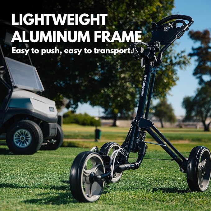 Qwik-Fold 3-Wheel Golf Push Cart with Foot Brake – 1-Second Fold & Unfold Folding Golf Trolley, Lightweight Aluminum Frame, Adjustable Handle, Ball-Bearing Wheels, Umbrella Holder & Storage