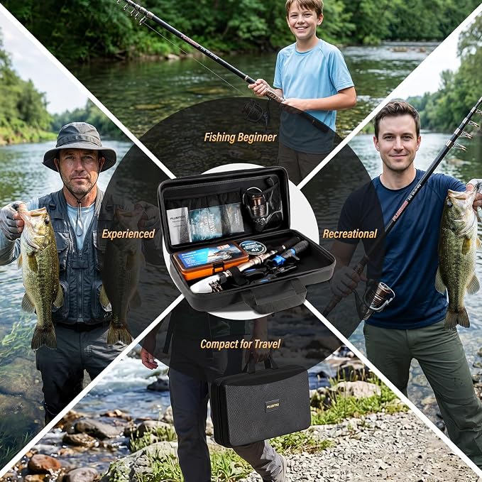 PLUSINNO Fishing Rod and Reel Combo with Telescopic Fishing Pole, Portable Travel Fishing Rods Kit with Tackle Box Carrier Bag & Manuals, Fishing Gear Tool Kit for Freshwater, Fishing Gifts for Men
