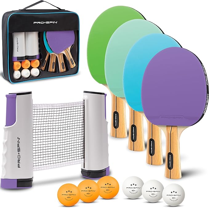 PRO-SPIN Portable Ping Pong Set with Retractable Ping Pong Net for Any Table, All-in-One Table Tennis Set with Ping Pong Paddles, Balls & Case, Table Top Family Game