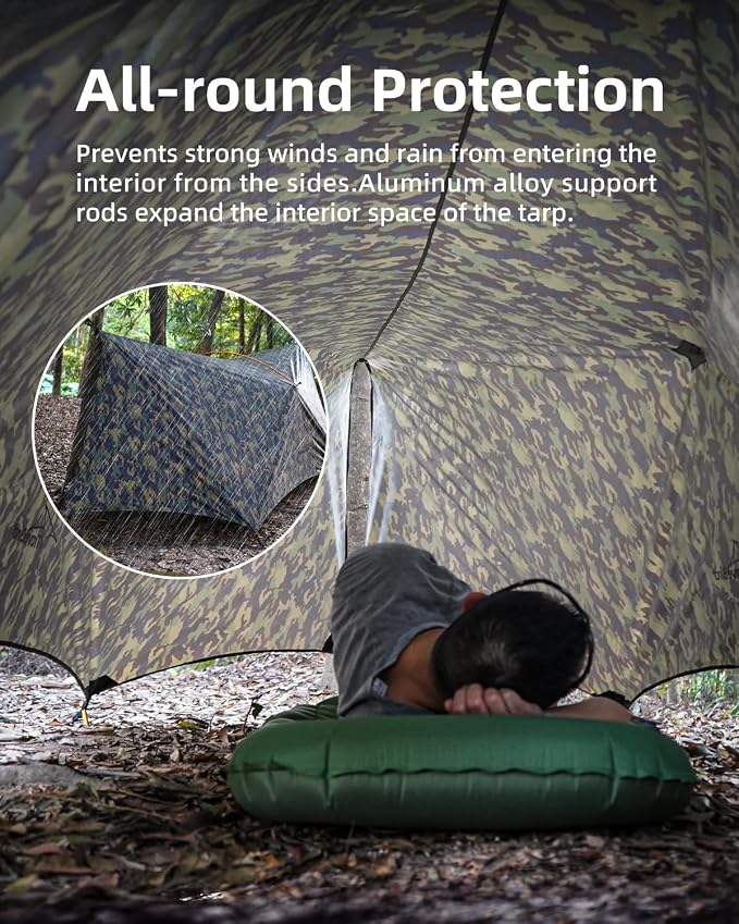 Ultralight Tarp, 14ft Hammock Rain Fly Lightweight Waterproof Camping Tent Tarp with Doors, Bushcraft Tarp Shelter for Backpacking Hiking Camping