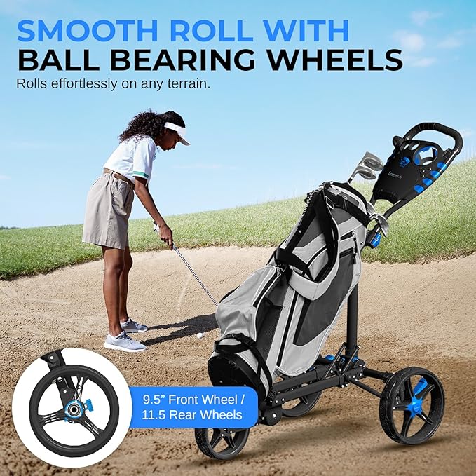 SereneLife Golf Push Pull Cart – Lightweight, Foldable, Bag Holder with Adjustable Handle, Caddy Accessories, Compact Folding Golf Trolley for Travel