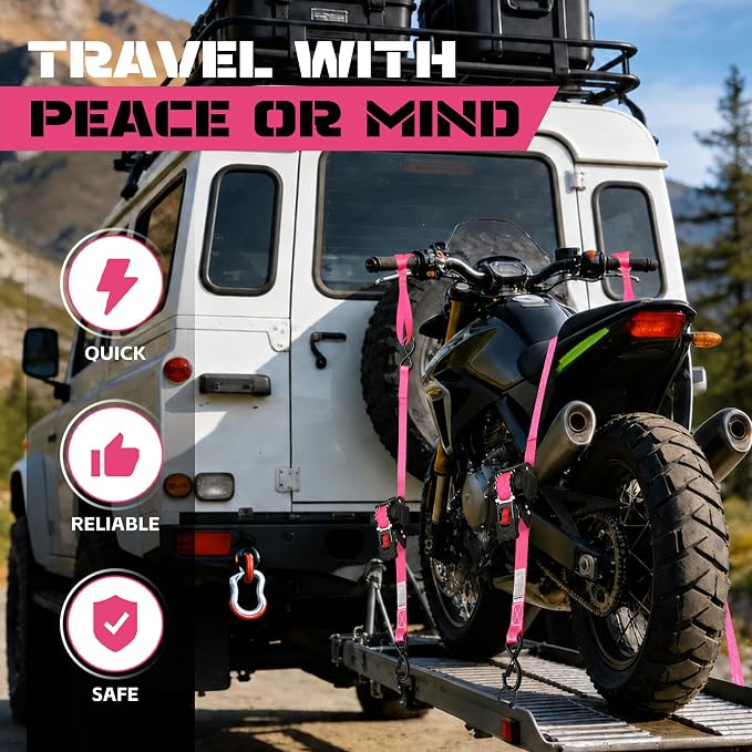 Retractable Ratchet Straps (2-Pack) - Heavy Duty Auto Slow Retraction Tie Down Straps - 1 Inch x 13 Feet (1,800lb Break Strength) for Truck, Cargo Trailer, Motorcycle, ATV, UTV - Pink