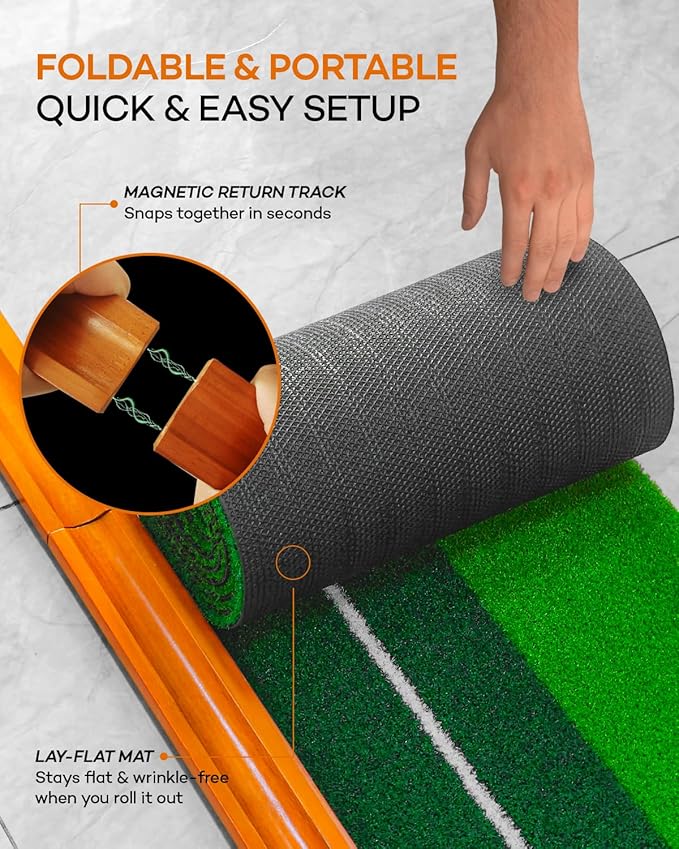 IDEASKY Golf Putting Mat, 9 Ft, Indoor | Auto Ball Return, Dual Holes, Alignment Guides, Gift for Men Daddy Golfer