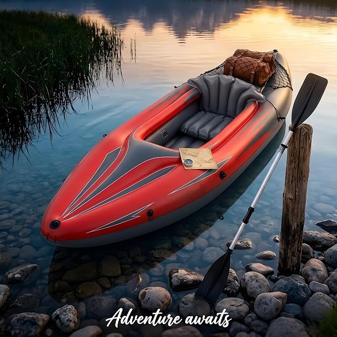 9 ft Inflatable Kayak, 1-Person Foldable Fishing Boat, 220 lb Capacity, Includes Aluminum Oars, High Output Pump, Adjustable Seat, Removable Fin, Cargo Net for Adults, Lakes & Rivers