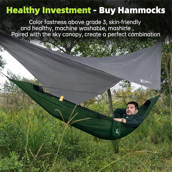 Camping Hammock with Mosquito Net and RainFly Tarp - 2 Person Hammock, Portable Parachute Nylon Hammock for Outdoor, Hiking, Backpacking, Backyard, Travel (Up to 500lbs) - Forest Green