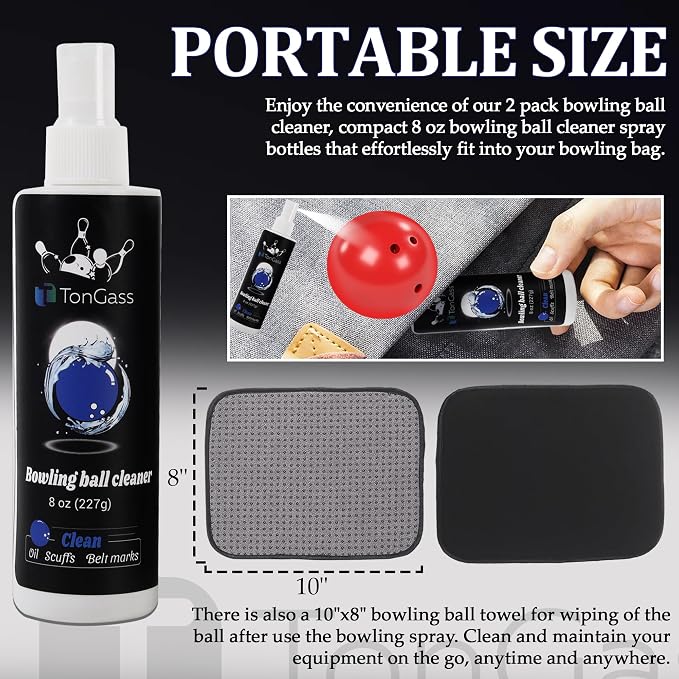 TonGass Bowling Ball Cleaner Spray Kit with Towel (2+1 Pack) Portable Bowling Spray Accessories, Oil & Scuff Mark Cleaner, Restores Tack and Prolongs Lifespan of Ball