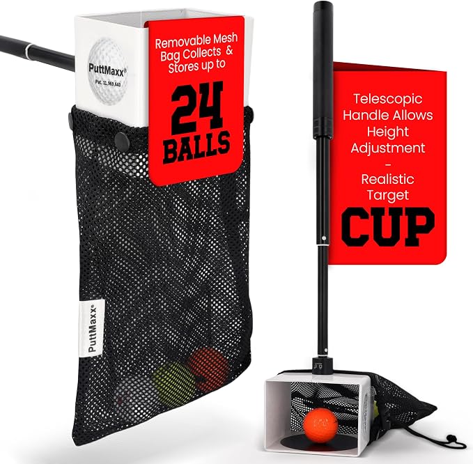Golf Putting Trainer and Ball Retriever with Target Cup, Telescopic Handle, Ball Collection Bag, Practice Putting and Chipping Aid for Home and Green