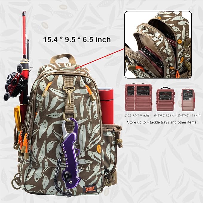 KINGDOM Fishing Tackle Storage Bag With Fishing lure Box, Water-Resistant Fishing Backpack with Rod Holder, Fishing Gear Bag