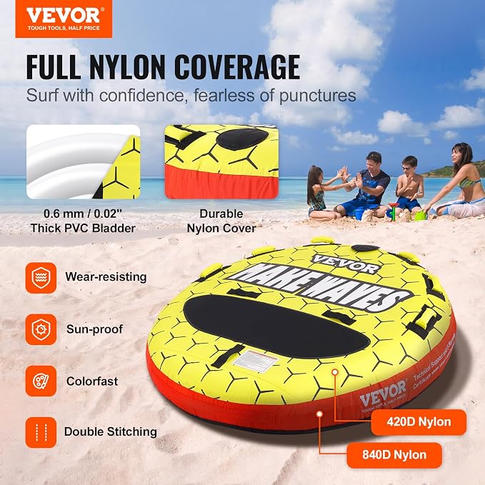 VEVOR Towable Tubes for Boating, 1-4 Riders Inflatable Boat Tubes & Towables, 340-680 lbs Capacity, Multiple Sizes with Full Nylon Cover, Padded/EVA Handles, Fins & Safety Valve (Multi-Option)