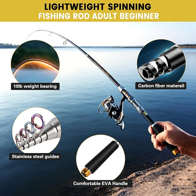 Fishing Pole Kit, Carbon Fiber Telescopic Fishing Rod and Reel Combo with Spinning Reel, Line, Bionic Bait, Hooks and Carrier Bag, Fishing Gear Set for Beginner Adults