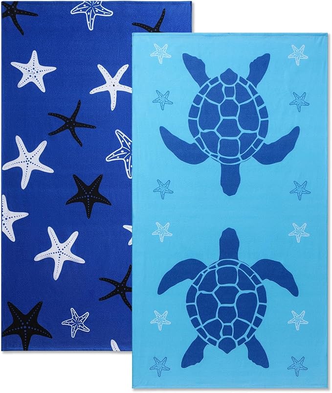 Belista Oversized Beach Towels 4 Pack,40”x70” Microfiber Thin Large Beach Towel Set for Adults Travel Camping Swimming,Turtle Starfish Them Sand Free Quick Dry Lightweight XL Pool Towels -Navy & Blue