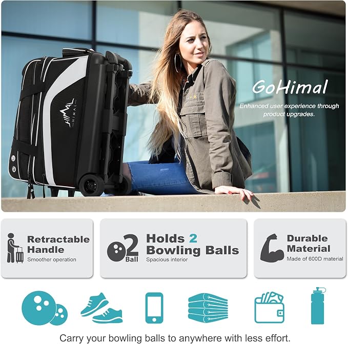 GoHimal Double Roller 2 Ball Bowling Bag with Separate Shoe Compartment for Bowling Shoes (Up To US Men Size 15) and Abundant multifunction Accessory Pocket, Upgraded fabric, Retractable Handle - Extends to 40"