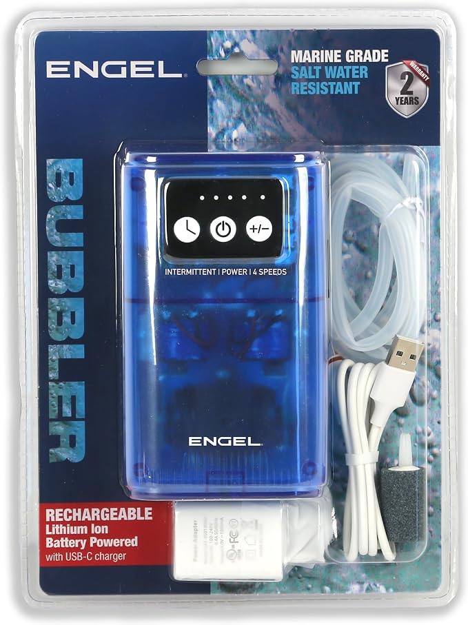 ENGEL Ultra Quiet Lithium-Ion USB Rechargeable Live Bait Aerator Pump & Bubbler with Universal Clip fits Most Bait Buckets