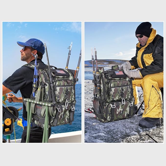 Bagenerous 39L Fishing Tackle Backpack with Rod Holders & Cooler,Water-resistant Fishing Gear Storage Bag with Protective Rain Cover,Camouflage