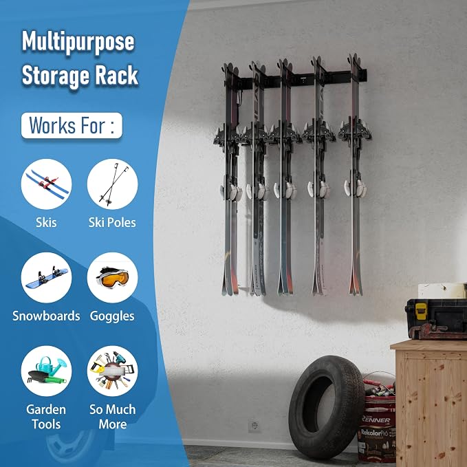 USA Based Ski Rack Wall Mount, Holds 10 Pairs for Ski Storage Rack, Snowboard Hanger & Ski Holders for Wall Storage Racks for Garage, Ski Hangers for Wall Holds Up to 125lbs, 5 Hooks Black