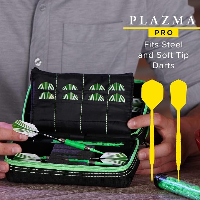 Casemaster Plazma Pro, 6 Dart Case for Soft and Steel Tip Darts, Features Large Front Mobile Device Pocket, Built-In Storage Tubes and Pockets for Flights, Tips, Shafts, and Personal Items