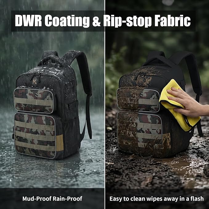 35L Tactical Fishing Backpack, Waterproof Tackle Backpack with 2 Rod Holders and 50+UV Protection Arm Sleeves,2LB Lightweight Fishing Bag, Daypack for Hiking, Hunting, Camping