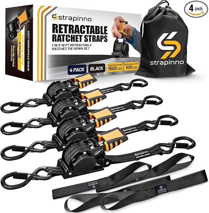 Strapinno Retractable Ratchet Straps (4-Pack), 1 in x 10 ft, 1,500LBS Break Strength, Most Durable Straps and Core, Auto Self Retracting Tie Downs for Truck, Moving, Motorcycle, Bike, Jetski, Kayak