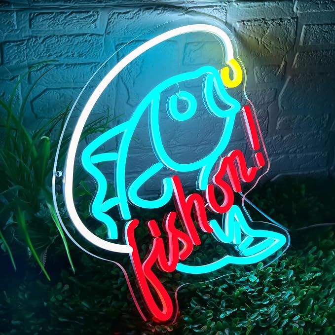Fishing Neon Sign for Wall Decor Fishing Led Neon Light for Man Cave | Dimmable Neon,Fisherman Birthday Fishing Gifts,Led 5V USB Powered,Fishbowl,Fish Room Decor,Business Shop Wall Art,12.9*12.9in