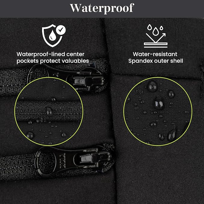 StashBandz Adjustable Running Belt and Travel Money Belt - 3 Large Zippered Pockets + Water Bottle Holder, No-Bounce Fanny Pack with Key Clip, Fits Any Size Phone, Passport & More, Black, Small