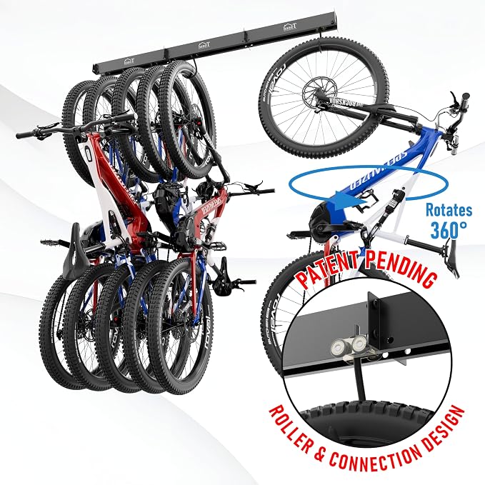 USA Based Ceiling Bike Rack Garage Storage Mount, Bicycle Hanger For Up To 6 Bikes, Sliding 51" Heavy Duty Hook Racks With Padded Hanging Mounts, Hooks Hangers (Black, 1 Rail - 2 Hooks)