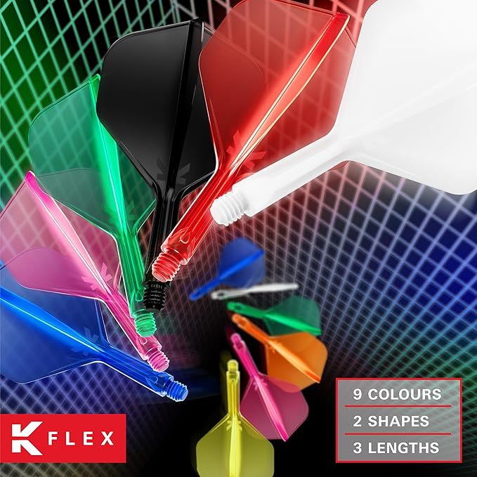 Target Darts K-Flex Integrated Dart Flights and Shafts, Kflex 9 Pack Bundle, Multipack - K Flex 3 Colours | Black, White, Clear, Red, Green, Blue, Pink, Orange, Yellow | Short, Intermediate, Medium
