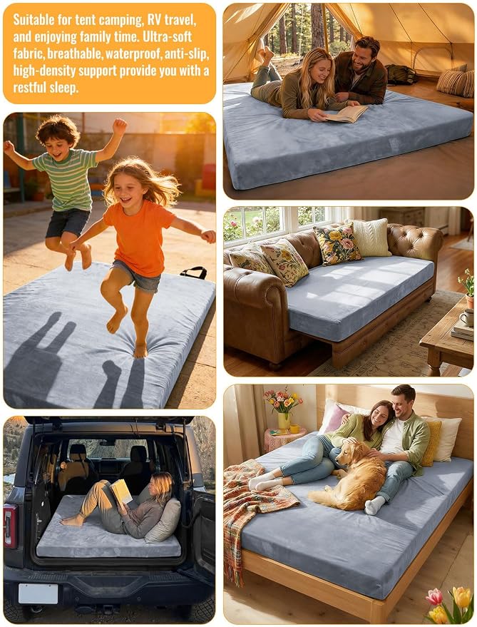 Memory Foam Camping Mattress Pad, Ventilated Breathable Design CertiPUR-US & Oeko-TEX Certified Sleeping Pad Waterproof 3inch Non-Slip Portable Sleeping Camping Mat with Storage Bag for Car Travel