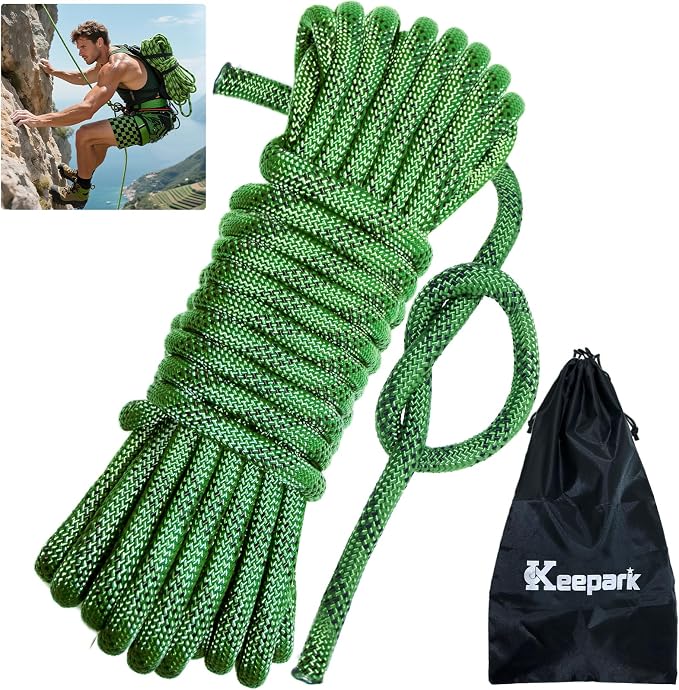 10.5mm Static Climbing Rope - 32FT Rock Climbing Rope for Adults & Kids, Outdoor Heavy Duty Rappelling Ropes for Fire Rescue, Escape, Ice Climbing, Parachute, Caving - Army Green