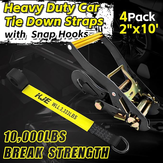 KJE 4 Pack Car Tie Down Straps for Trailers - Lasso Style Tire Ratchet Strap with Snap Hooks - 2" x 10' 10,000LBS Break Strength - Wheel Straps for Hauling UTV, SUV, Truck, Any Cars