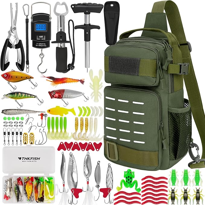 THKFISH 85Pcs Fishing Tool Kit, Fishing Backpack with Tackle Boxes Included, Fishing Tackle Kit Include Fishing Bait Lure Gear Kit, Fishing Pliers, Fish Hook Remover, Lip Gripper
