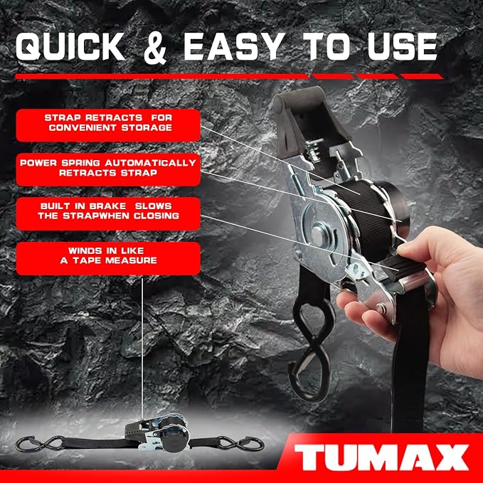 2-Pack Retractable Ratchet Tie Down Straps, 1" x 10ft with Soft Loops & S-Hooks, 1500lbs Break Strength Self-Retracting Cargo Straps for Truck, Trailer, Motorcycle, ATV, Kayak (Black)