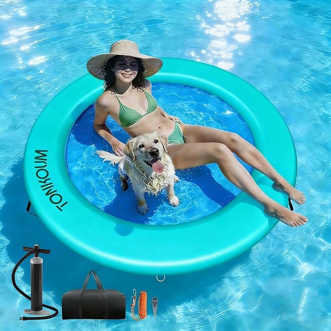 Water Hammock Inflatable Dock, 3.8ft/6ft/8ft Floating Raft Circular Water Island, Float Rings Air Mesh Platform for Lake/River/Swim Pool