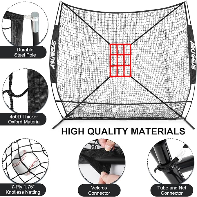 7'X7' Softball Practice Net - Pitching & Batting Net with Baseball Tee, Batter Dummy, Strike Zone & Bow Frame