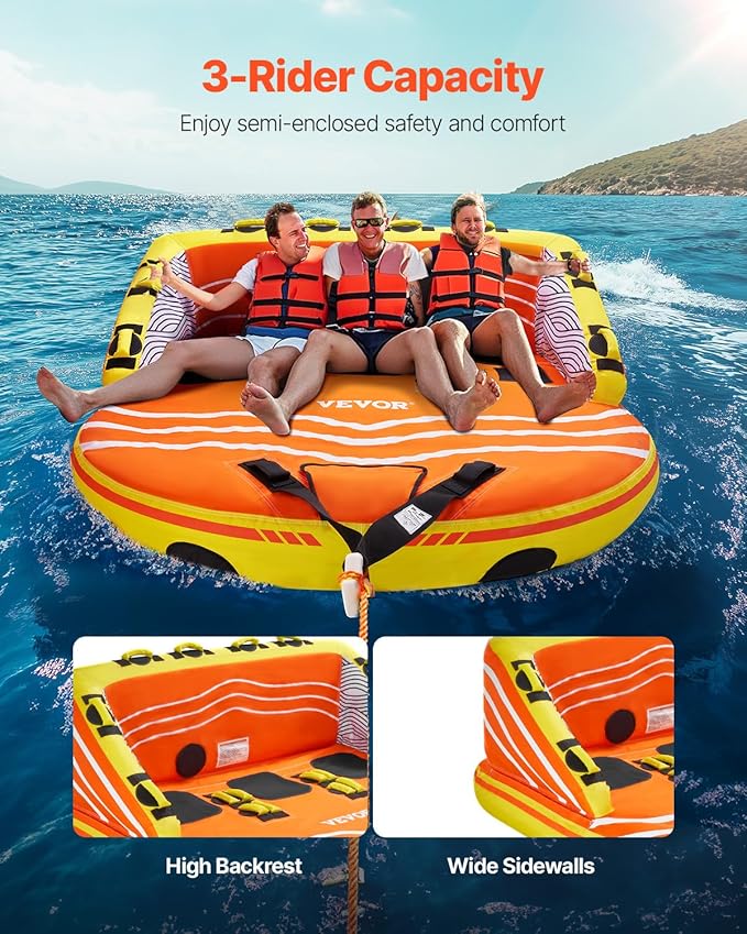 VEVOR Towable Tube for Boating, 1-3 Riders Inflatable Boat Tubes and Towables, 510lbs Water Sport Towable Tube for Boat to Pull - with Full Nylon Cover, 16 Grab Handles, Dual Tow Points & Safety Valve