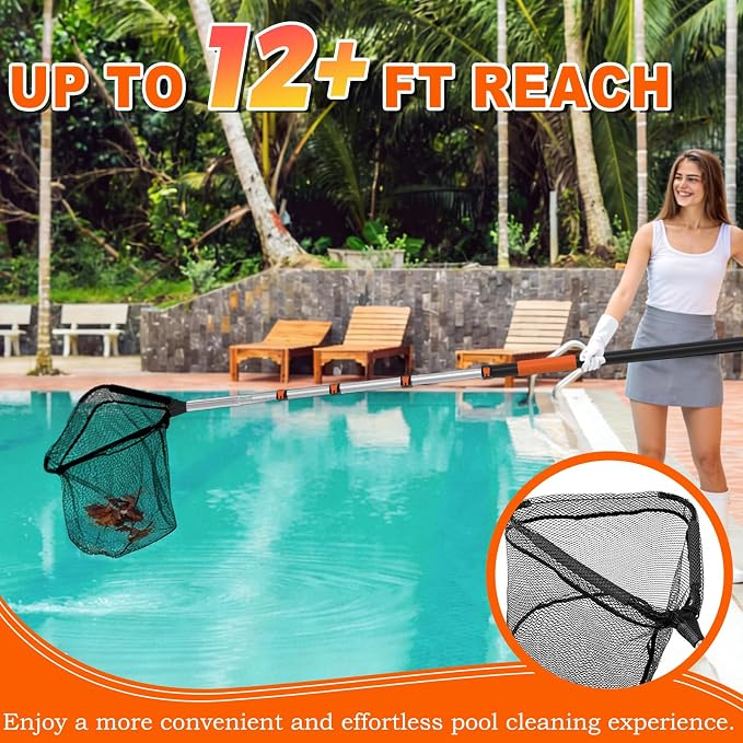 SISIUPASSIE 12FT Pool Skimmer Net with Pole, Foldable & Larger Capacity Pool Net for Cleaning, Telescopic Pool Pole Heavy Duty with Fine Mesh Pool Leaf Net for Above Ground & In-ground Pools