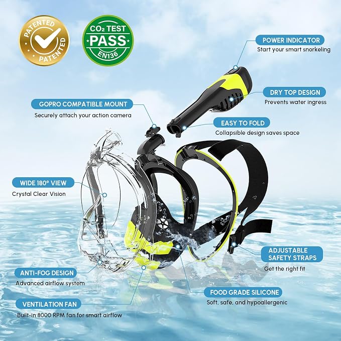 Yosmer Electric Full Face Snorkel Mask for Adults, Fan-Assisted Snorkeling Mask with Dry Top System, 180° Panoramic View, Anti-Fog Design, Foldable Travel Snorkel Gear