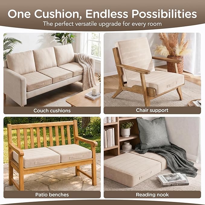 Codi Thick Replacement Couch Cushions 2 Sets, Upholstery Foam with Washable Covers for Sofa Cushion Chair Meditation - 24 × 24 × 5 Inch, High Density Foam, Ivory