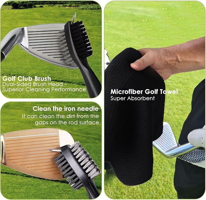 6-in-1 Golf Club Cleaning Kit - Club Cleaner, Grip Cleaner, Polish, Water-Spray Brush,Professional Golf Towel & Portable Bag | Restores Clubs, Removes Rust/Scratches, Renews Tackiness