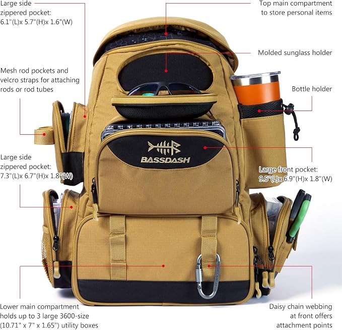 BASSDASH Fishing Tackle Backpack Water Resistant Tactical Bag Soft Tackle Box with Rod Holder and Protective Rain Cover