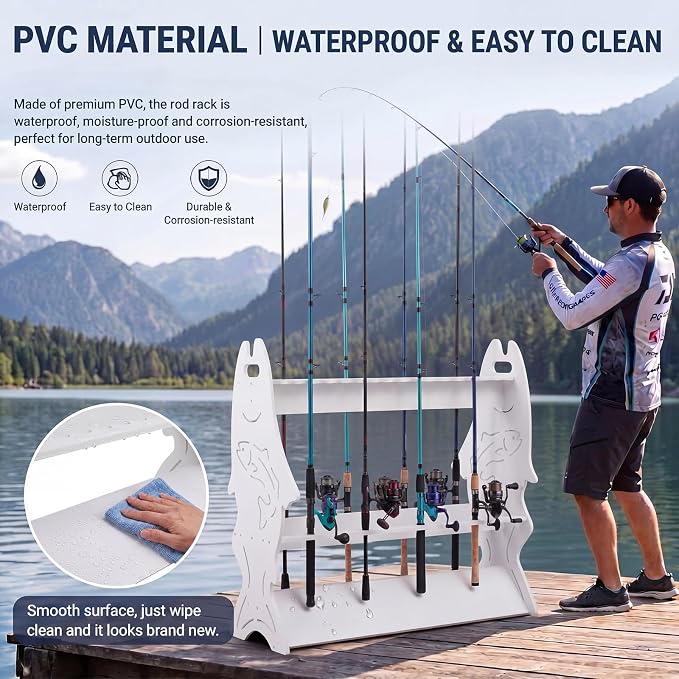Fishing Rod Rack for 24 Rods, 3 Tier Detachable Design Fishing Pole Holder, Waterproof Outdoor Marlin Rods Organizer for Garage, Boat Dock, Tackle Shop & Boathouse, Gifts for Fishermen, Father's Day