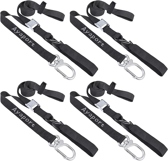 Ayaport Motorcycle Tie Down Straps 1.5” x 8’ (with Swivel Carabiner Hooks) Cam Buckle Tie Downs, Handlebar Strap for Dirt Bike, Motor Bike, Kayak, Car, Truck, Boat, Cargo, Black (1.5" x8'-4pcs)