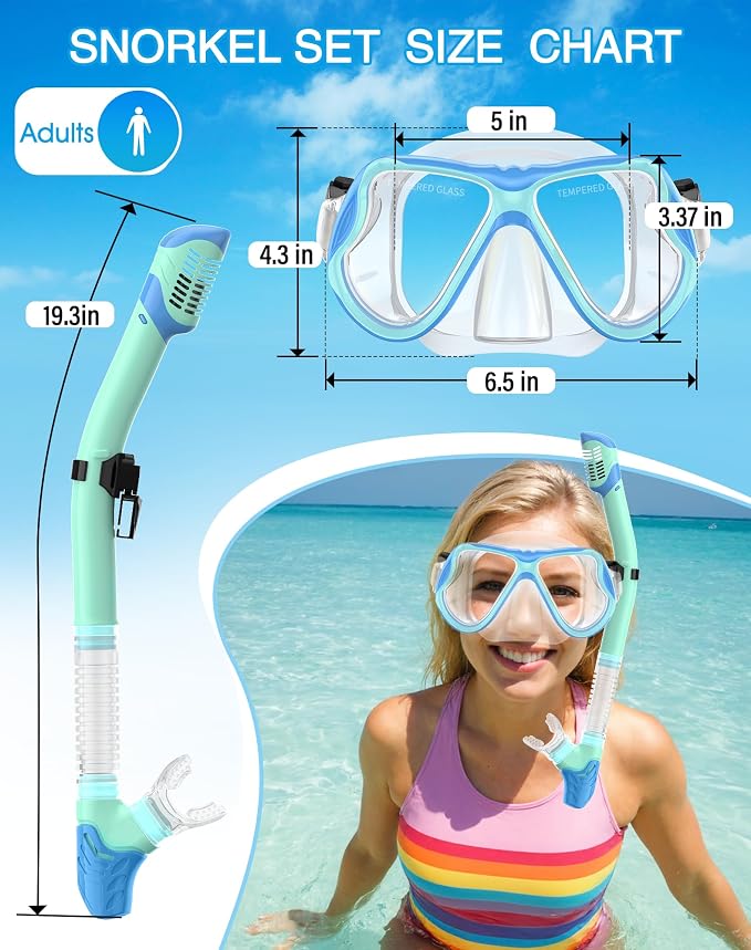 Greatever Snorkeling Gear for Adults, Dry Snorkel Set Panoramic View Snorkel Mask, Anti-Leak Anti-Fog Scuba Diving Swimming Mask with Adjustable Strap and Travel Mesh Bag