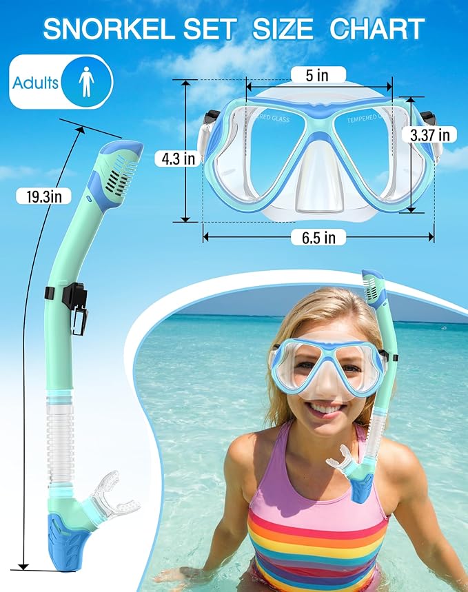 Greatever Snorkeling Gear for Adults, Dry Snorkel Set Panoramic View Snorkel Mask, Anti-Leak Anti-Fog Scuba Diving Swimming Mask with Adjustable Strap and Travel Mesh Bag