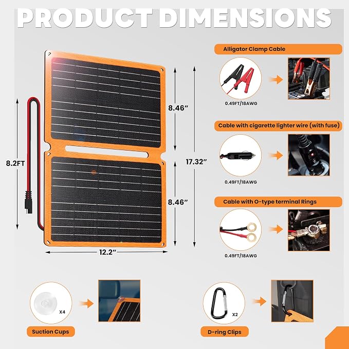 FieryRed 20W 12V Solar Panel Car Battery Charger & Maintainer, Foldable Trickle Charger with Built-in Controller, Cig Plug, Alligator Clips, USB-C, USB-A Outputs for Car, Boat, RV, Tractor