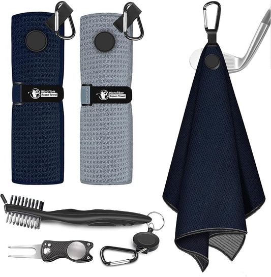Golf Towel, 2 PCS Magnetic Golf Towels with Brush and Divot Tool, Microfiber Waffle Pattern with Clip for Men, Industrial Strength Magnet for Strong Hold to Golf Bags, Carts or Clubs (Black Gray)